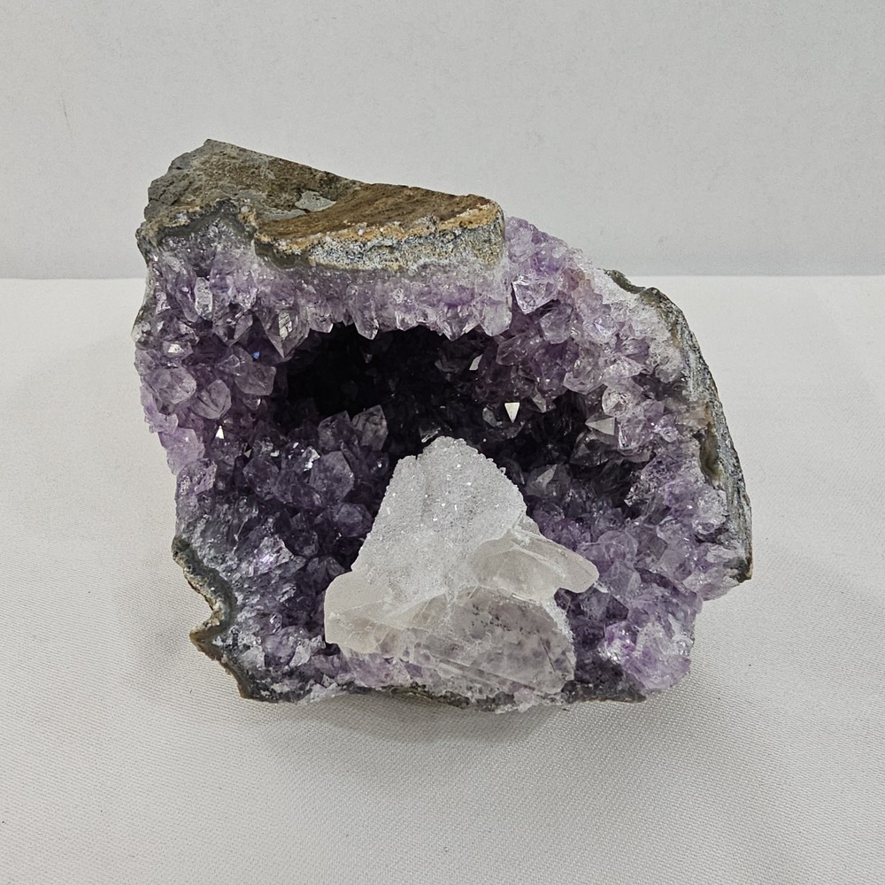 2.14LB Natural Amethyst Geode Cluster w/ White Calcite Crystal Growth Specimen